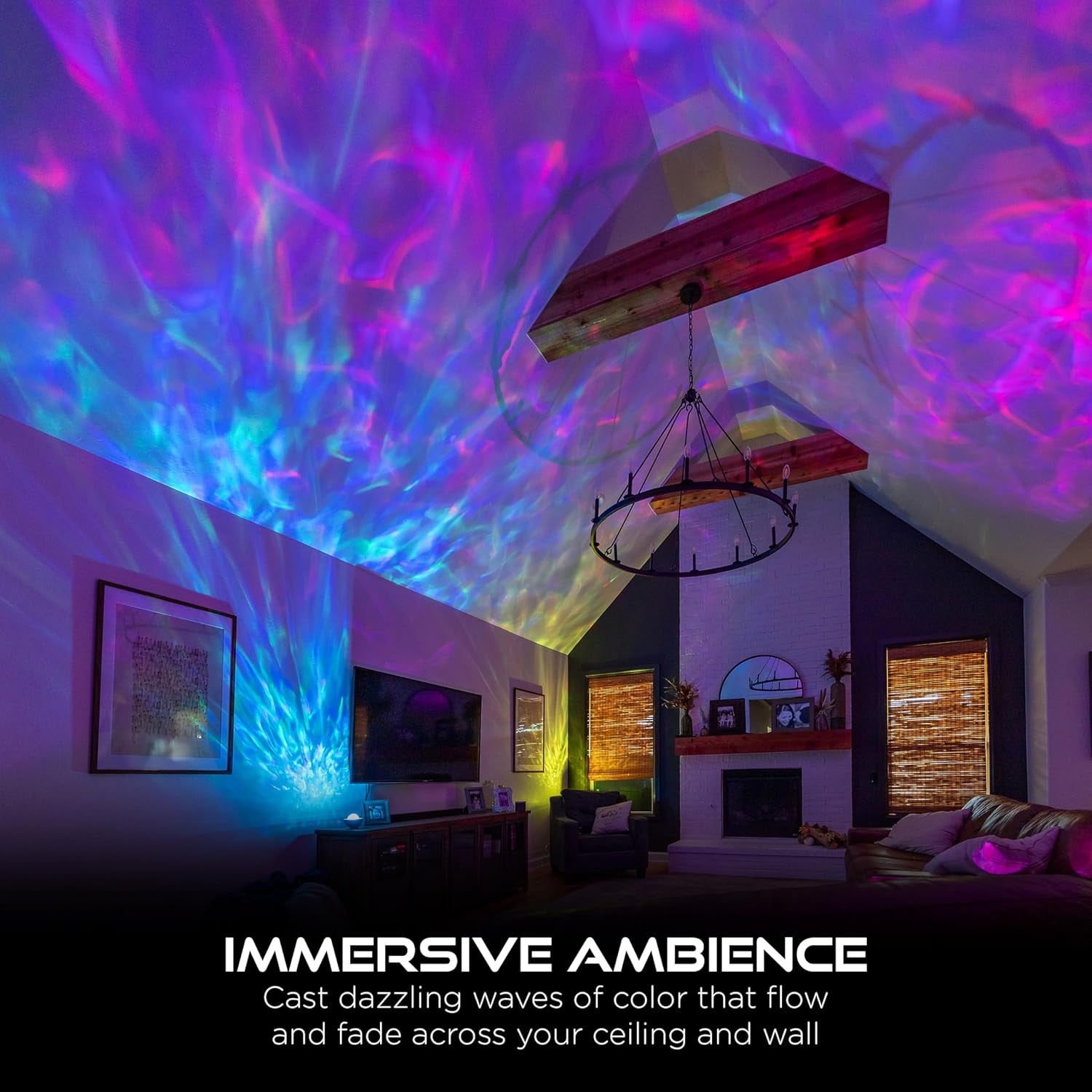Aurora Wave LED Nebula Projector creates immersive ambience with colorful waves on the ceiling.