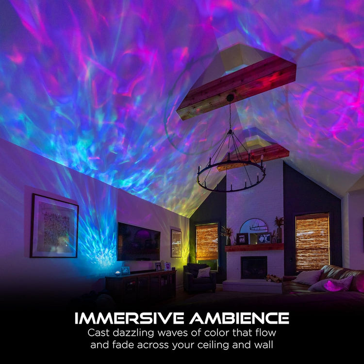 Aurora Wave LED Nebula Projector creates immersive ambience with colorful waves on the ceiling.