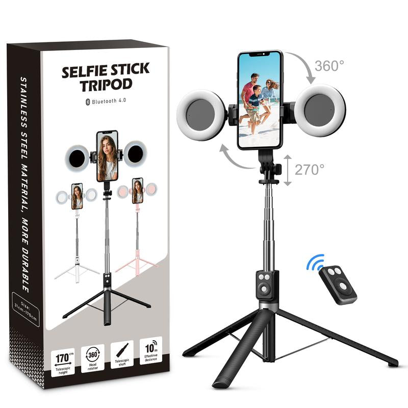 6-In-1 Selfie Tripod W/Dual Fill Lights & Wireless Remote | Portable Adjustable Phone Stand | Detachable 360° Compact Travel Tripod