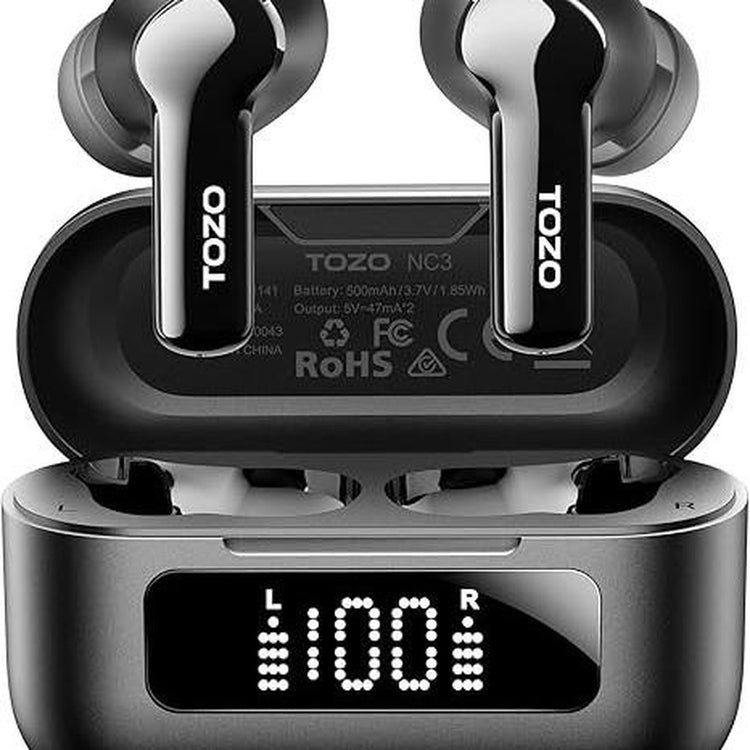 TOZO NC3 Hybrid ANC Earbuds, 6 Mics ENC Clear Call, 55H Long Playtime, 32 Preset Eqs via APP, Bluetooth 5.3 Headset, IPX8 Waterproof, In-Ear Headphones with LED Display Audio Electronic Noisecancellingheadphones Black