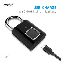 Anytek L34 Smart Fingerprint Padlock Mini Security USB Rechargeable Keyless Lock for Door Locker Bag Suitcase