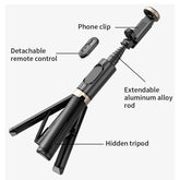 HANENO Portable Selfie Stick Tripod with Remote Bluetooth, Telescopic Design for Iphone, Upgraded Tripod for Travel and Recording Vlogging Kit Camera Stabilizer Electronic Gadgets Aluminum Android Cellphone Smartphone Tk Q12 Black