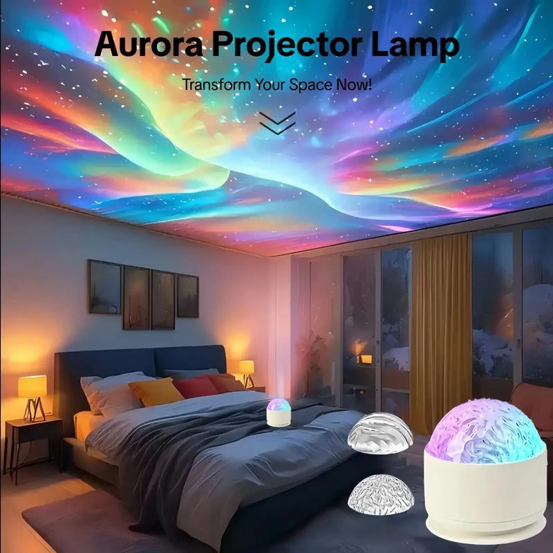 Ocean Wave LED Aurora Projector creating a stunning starry sky effect in a cozy bedroom.