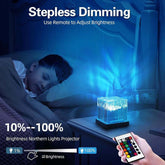 Child sleeping peacefully with Northern Lights Projector displaying colorful waves and remote for stepless dimming.