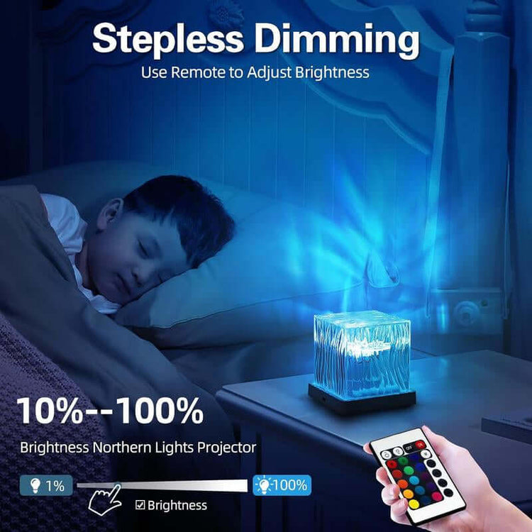 Child sleeping peacefully with Northern Lights Projector displaying colorful waves and remote for stepless dimming.