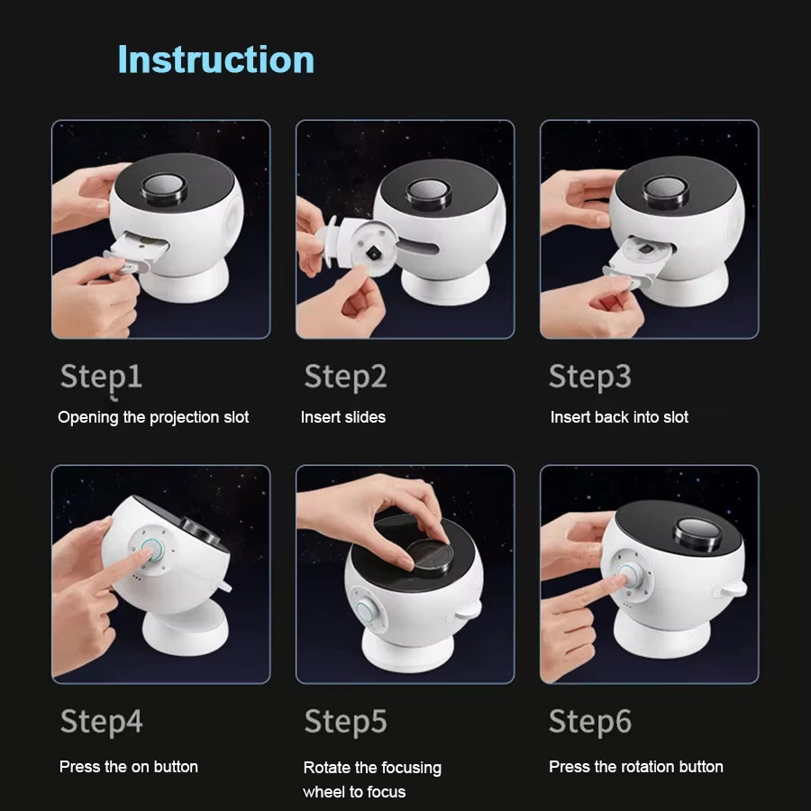 Instruction steps for using the Meteor Star Projector Galaxy Night Light, including opening the projection slot and adjusting settings.