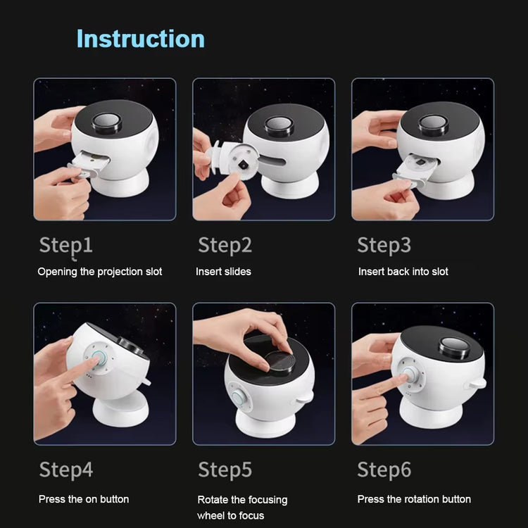 Instruction steps for using the Meteor Star Projector Galaxy Night Light, including opening the projection slot and adjusting settings.