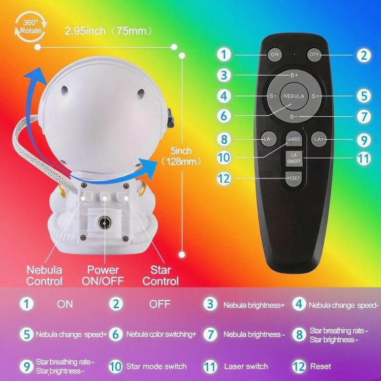 Astronaut Star Projector remote control and design details with adjustable features for creating a galaxy effect in kids&