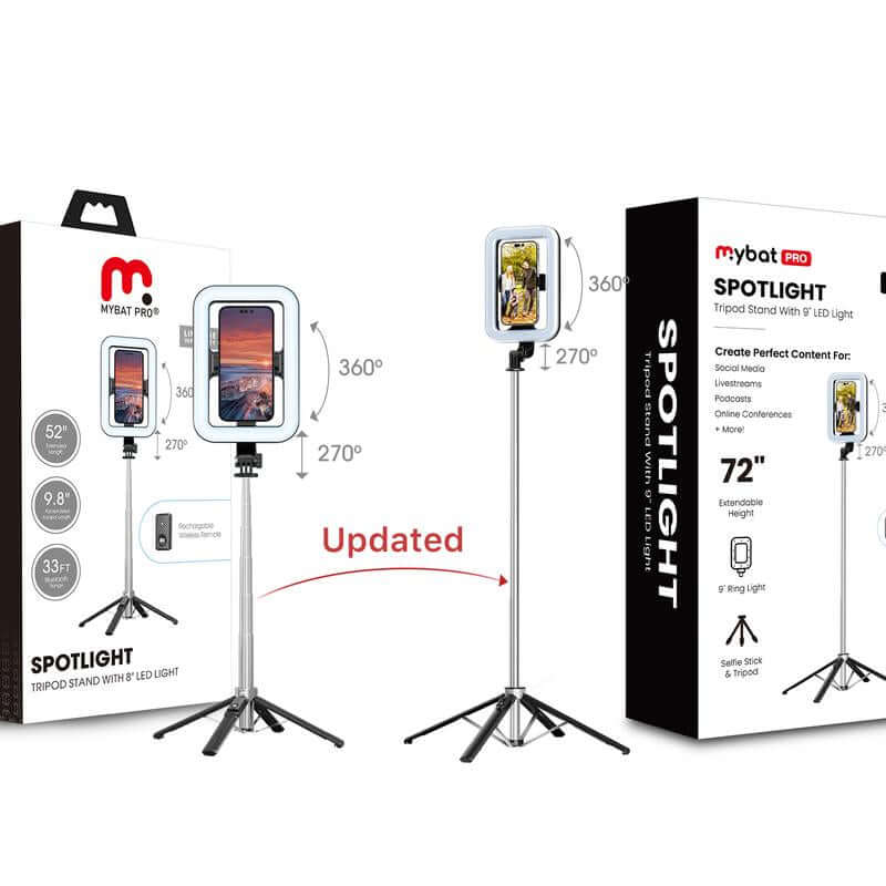 Mybat Pro Selfie Stick, Extendable Spotlight Tripod Stand with 8" Dimmable LED Light, Remote Control Cellphone Holder for Tiktok/Video Recording