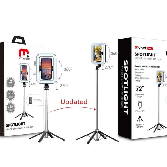 Mybat Pro Selfie Stick, Extendable Spotlight Tripod Stand with 8" Dimmable LED Light, Remote Control Cellphone Holder for Tiktok/Video Recording