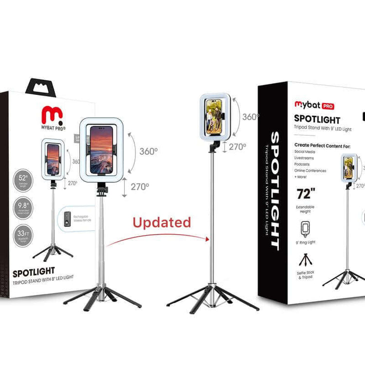 Mybat Pro Selfie Stick, Extendable Spotlight Tripod Stand with 8" Dimmable LED Light, Remote Control Cellphone Holder for Tiktok/Video Recording