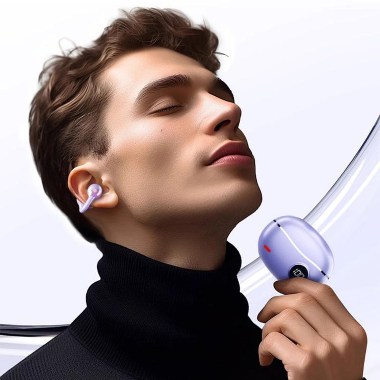 Open ear wireless earbuds in a stylish sports design with charging case, showcased by a model.