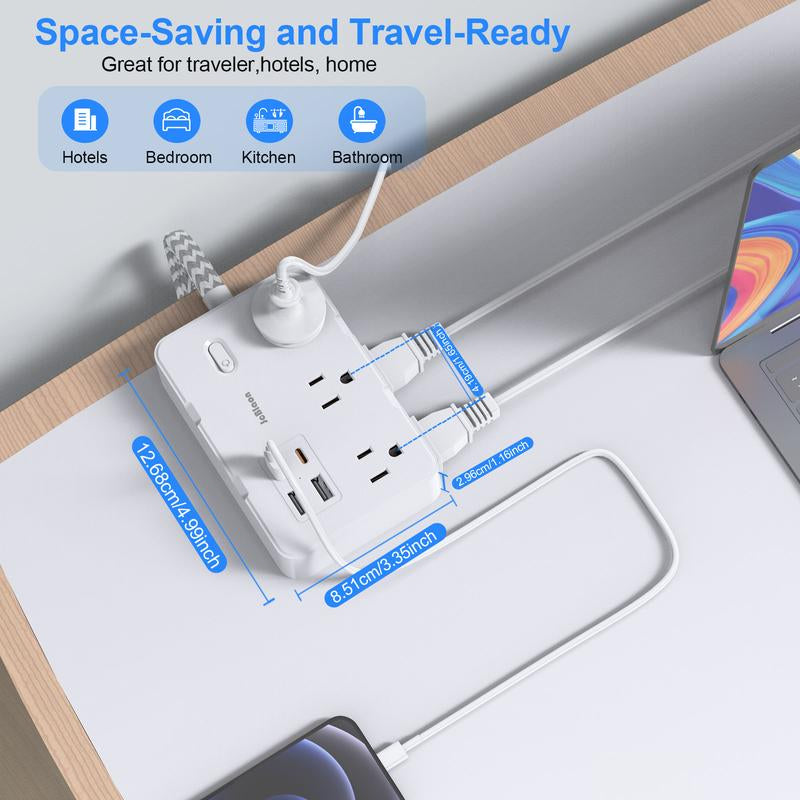 10Ft Flat Plug Extender, 6 Outlets + 4 USB (2 USB-C), Wall Mount. Perfect for Office, Travel & Dorm, Compact & Powerful