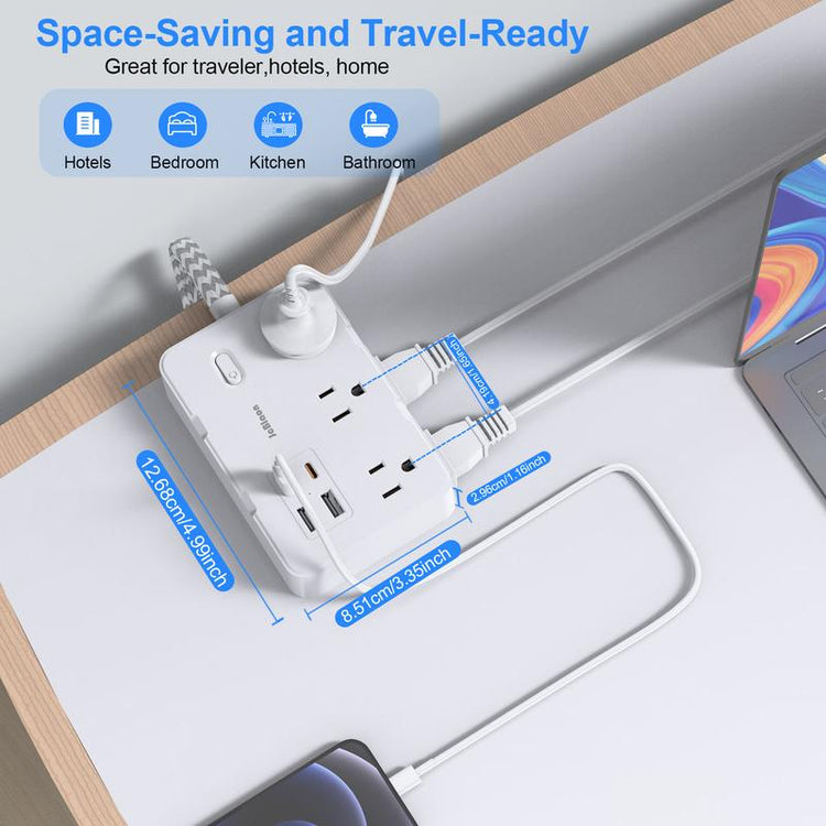 10Ft Flat Plug Extender, 6 Outlets + 4 USB (2 USB-C), Wall Mount. Perfect for Office, Travel & Dorm, Compact & Powerful