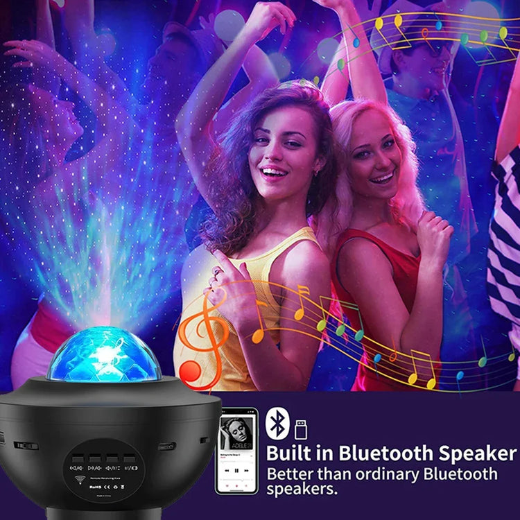 LED Galaxy Projector with built-in Bluetooth speaker creating a colorful atmosphere at a party.