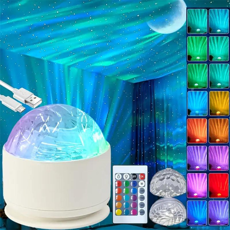 Ocean Wave LED Aurora Projector showcasing vibrant auroras and starry lights with remote control for ambiance.