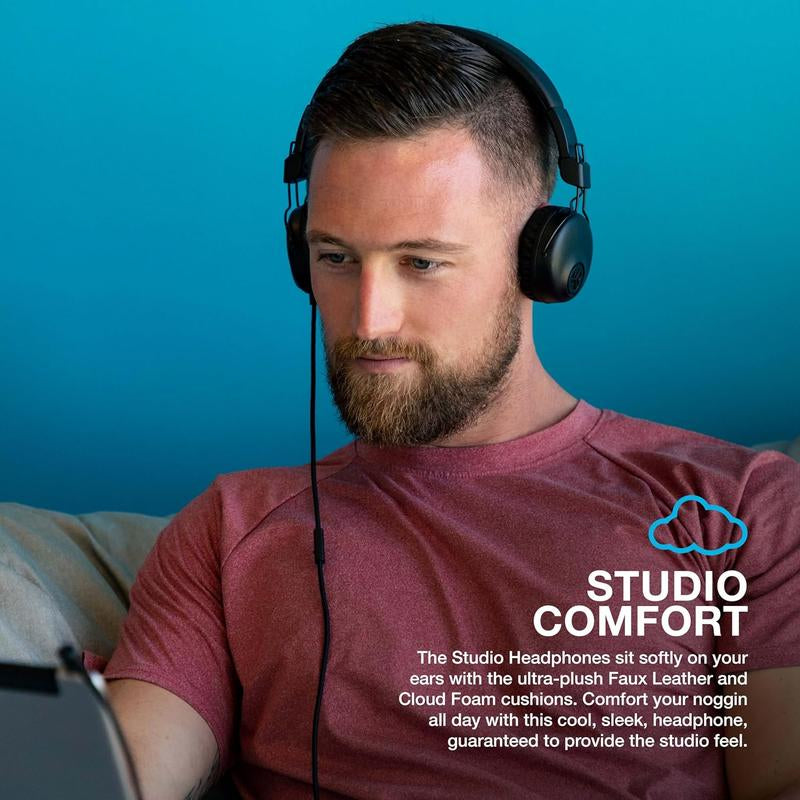 Black JLab Studio headphones with stainless steel frame