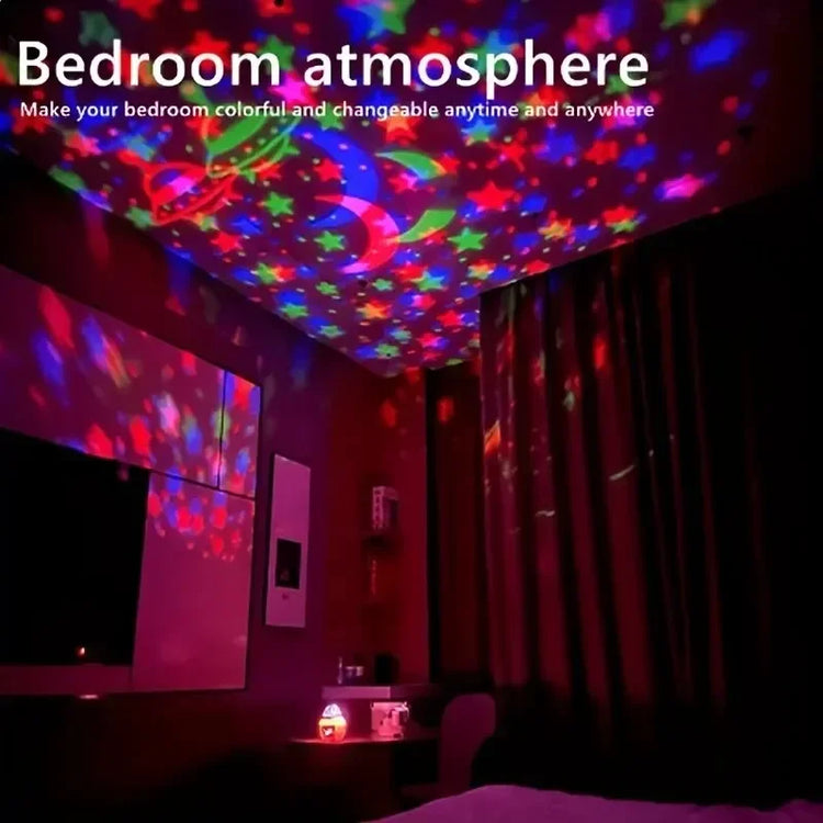 LED Starry Sky Projector creating a colorful starry sky atmosphere in a cozy bedroom.