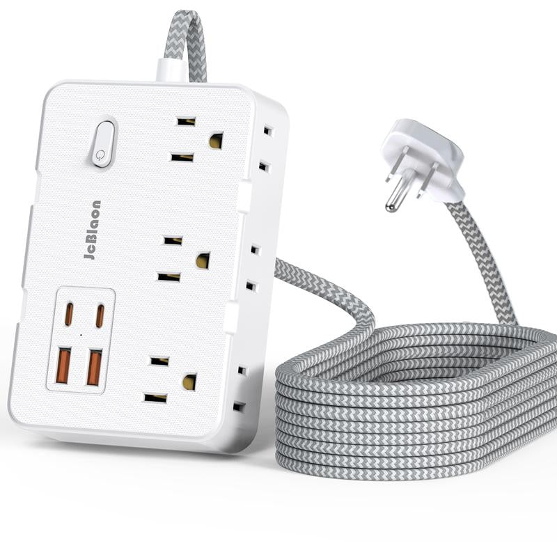10Ft Flat Plug Extender, 6 Outlets + 4 USB (2 USB-C), Wall Mount. Perfect for Office, Travel & Dorm, Compact & Powerful