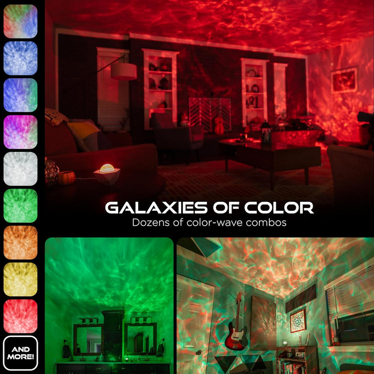 Aurora Wave LED Nebula Projector showcasing galaxies of color with various color-wave combinations.
