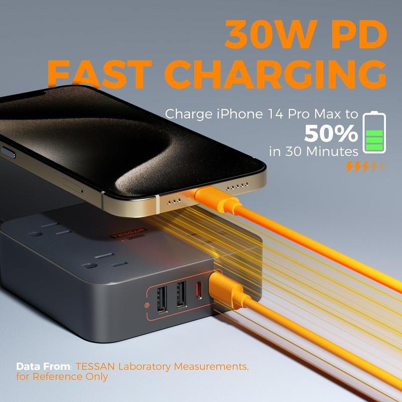 TESSAN Flat Plug Surge Protector Power Strip, 30W Fast Charging Station, 5FT Flat Extension Cord with 4 Outlets & 4 USB C, Wall Mount Compact Desk Charging Station for Office, Dorm, Home Essentials