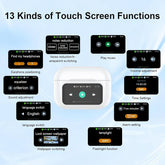 Full Color Display Wireless Earbuds showcasing 13 touch screen functions including volume adjustment and noise reduction.