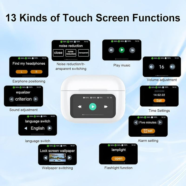 Full Color Display Wireless Earbuds showcasing 13 touch screen functions including volume adjustment and noise reduction.