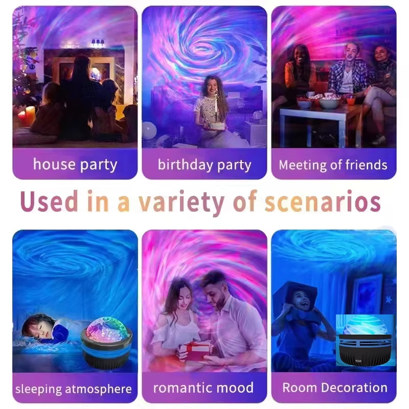 LED Galaxy Projector Light used in various scenarios like house parties, birthdays, and romantic settings.