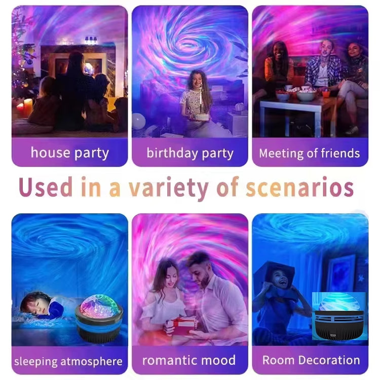 LED Galaxy Projector Light used in various scenarios like house parties, birthdays, and romantic settings.