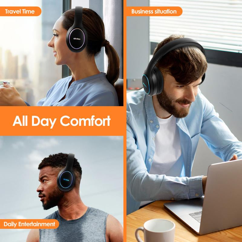Siindoo Bluetooth Headphones over Ear, Led Light Wireless Headphones 120H Playtime and 3EQ Music Modes Wireless Headphones with Microphone, Hifi Stereo Foldable Lightweight Headset, Deep Bass for Home Office Cellphone PC