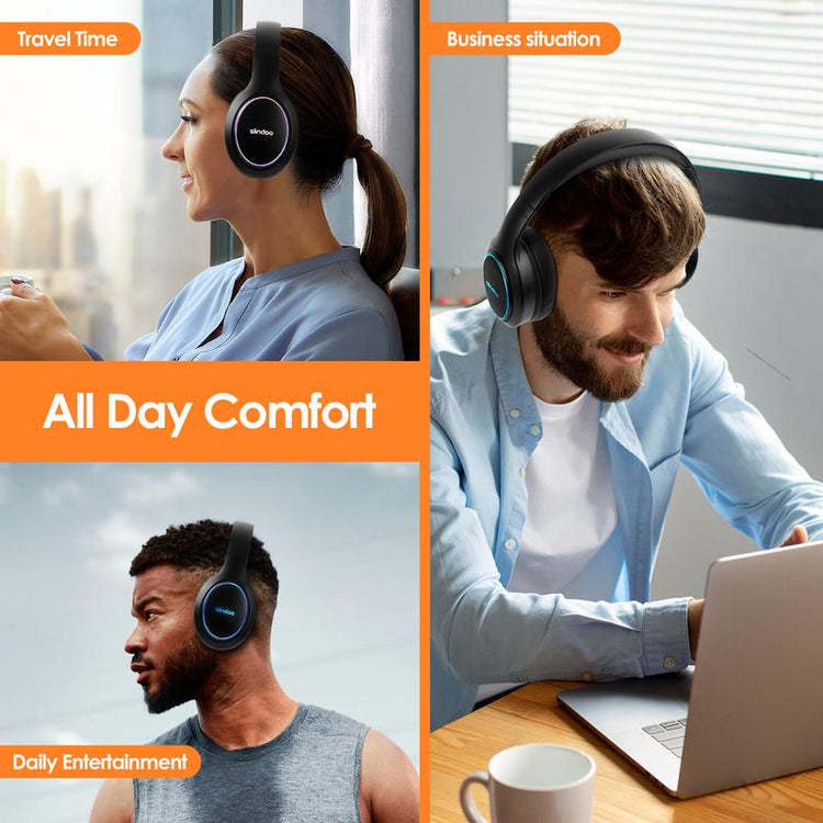 Siindoo Bluetooth Headphones over Ear, Led Light Wireless Headphones 120H Playtime and 3EQ Music Modes Wireless Headphones with Microphone, Hifi Stereo Foldable Lightweight Headset, Deep Bass for Home Office Cellphone PC