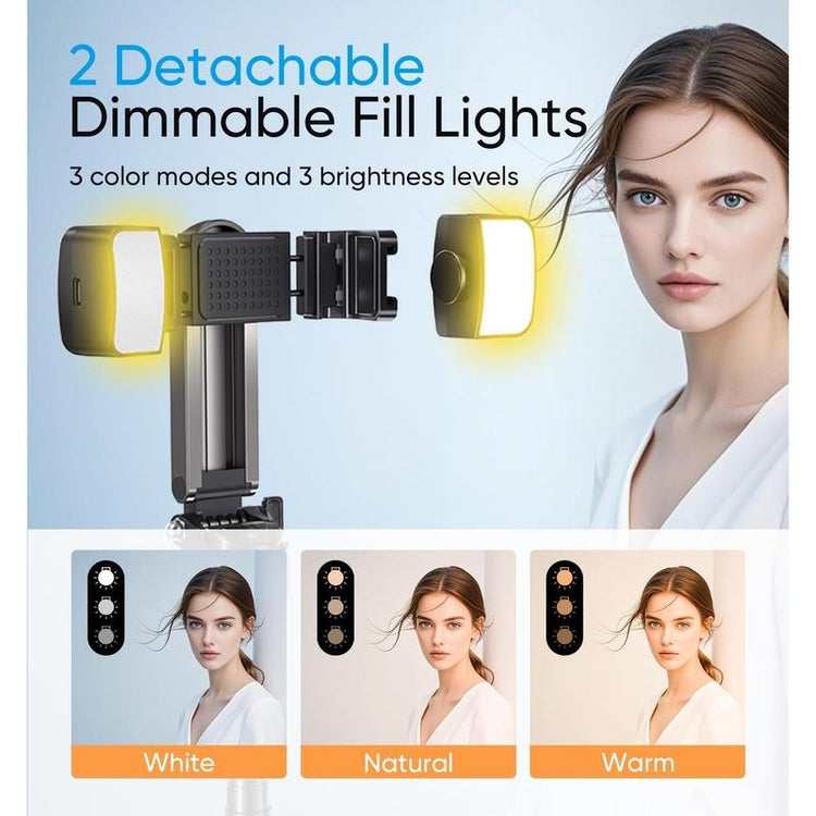 Phone Tripod, Portable Selfie Stick, Pocket Size Selfie Stick for Iphone, Selfie Stick with Wireless Detachable Remote Control & 2 Fill Light for Photograph, Live Streaming, Video Recording