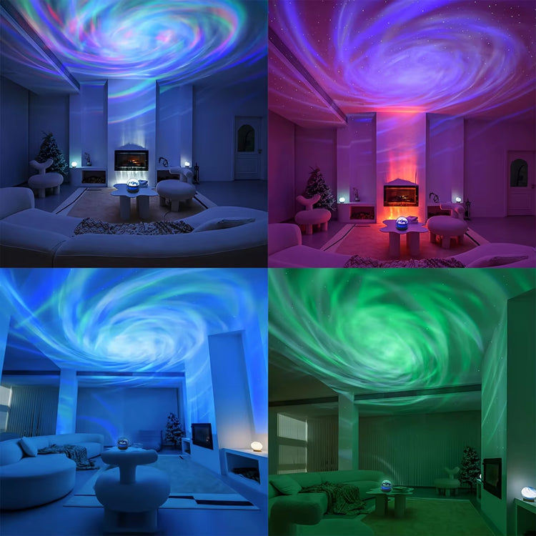 LED Galaxy Projector creating mesmerizing cosmic effects in a cozy living room with dynamic lighting.