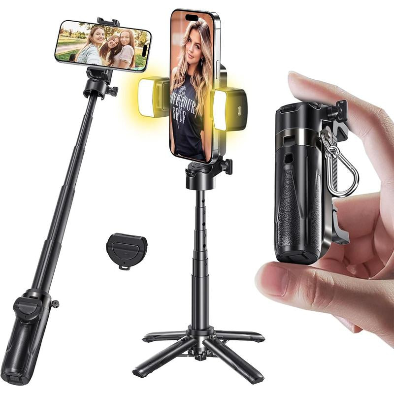 Phone Tripod, Portable Selfie Stick, Pocket Size Selfie Stick for Iphone, Selfie Stick with Wireless Detachable Remote Control & 2 Fill Light for Photograph, Live Streaming, Video Recording