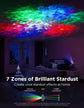 Aurora Wave LED Nebula Projector showcasing 7 zones of stardust effects illuminating a bedroom ceiling.