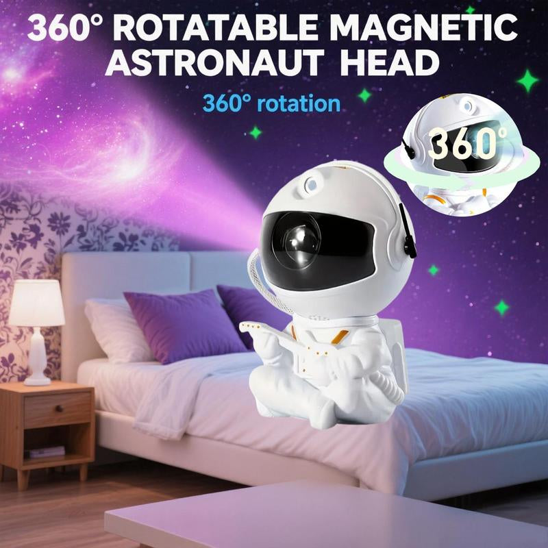 Astronaut Star Projector with 360° rotatable magnetic astronaut head illuminating bedroom ceiling.