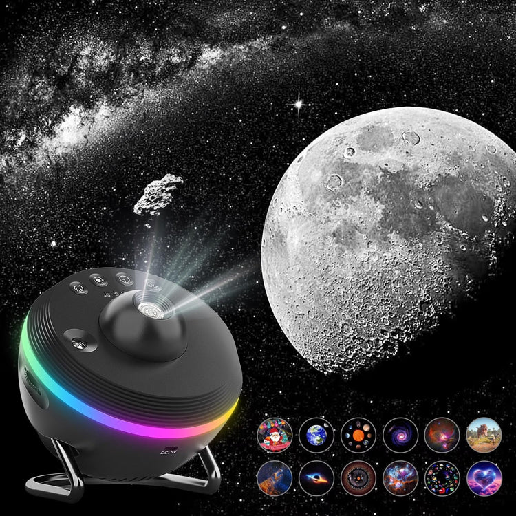 Planetarium Style Galaxy Projector showcasing 4K star projection with colorful nebula against a cosmic background.