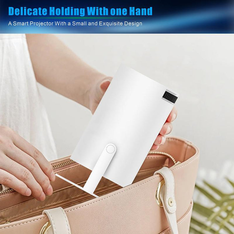 Portable Mini Projector 720P being held delicately with one hand, showcasing its compact design.