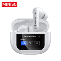 Front view of MINISO X25 TWS earbuds showcasing sleek design and touch display interface.