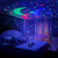 LED Starry Sky Projector casting colorful moon and star projections on the ceiling in a cozy bedroom.