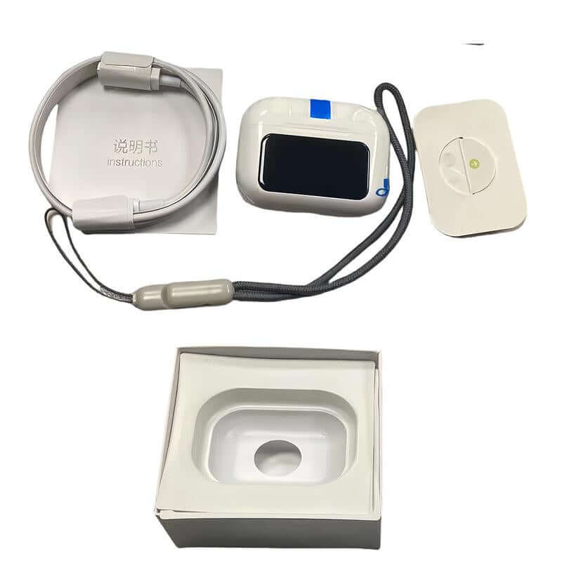 Full Color Display Wireless Earbuds with charging case, neckband, and instructions for use.