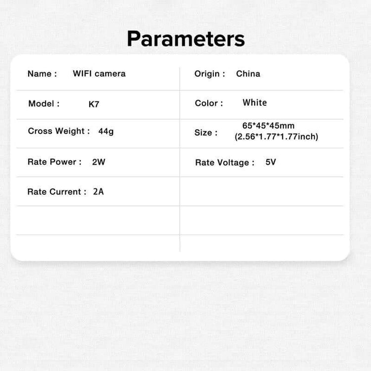 WiFi Wireless Home Security Camera specifications including model K7, dimensions, weight, power, and voltage details.