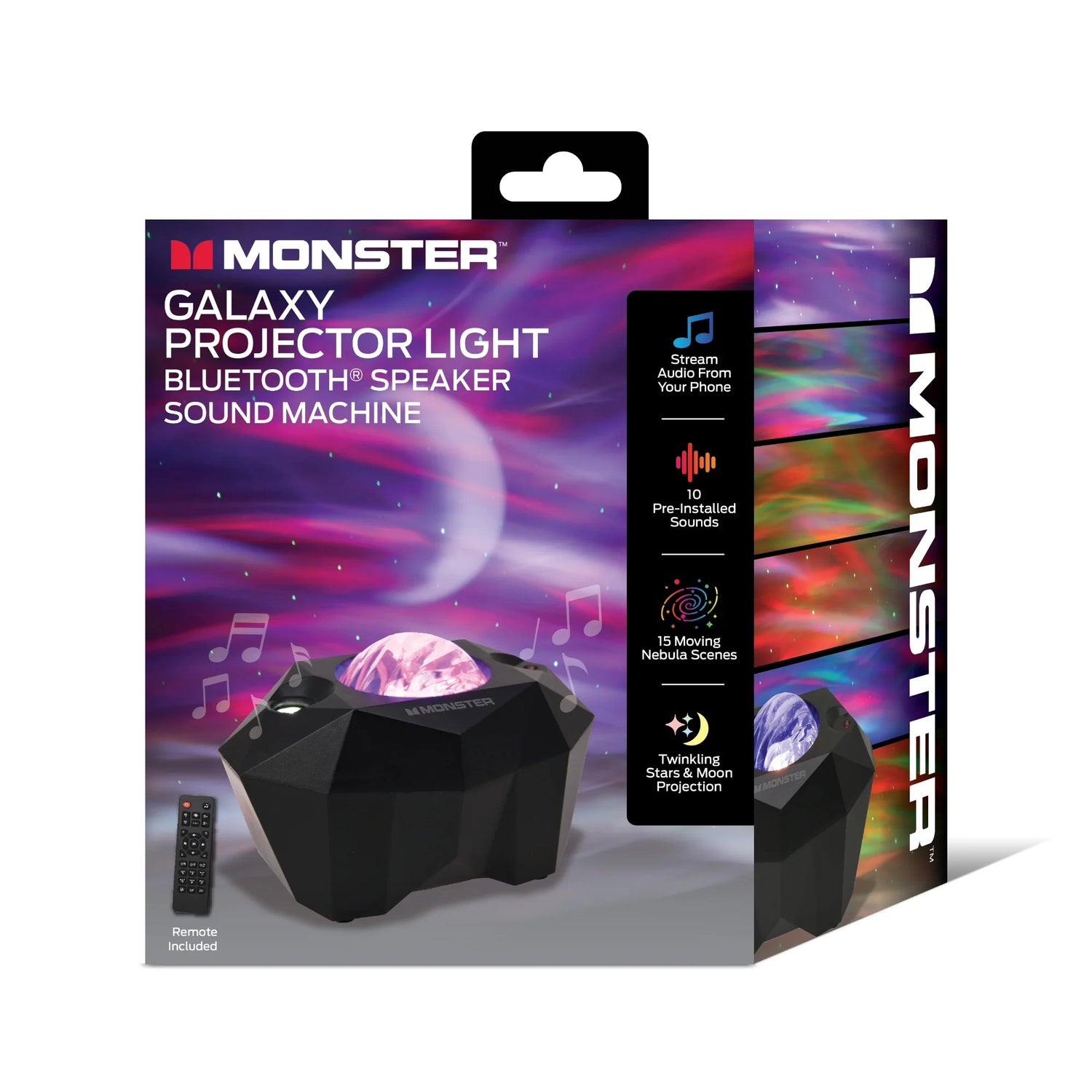 Galaxy Star Projector Night Light in packaging, features Bluetooth speaker and sound machine for relaxing ambiance.