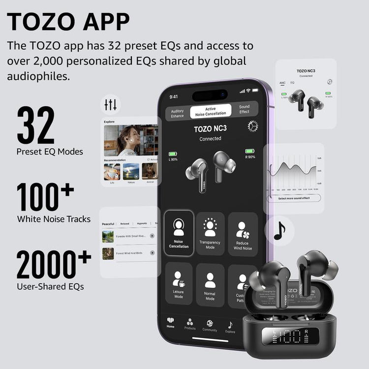 TOZO NC3 Hybrid ANC Earbuds, 6 Mics ENC Clear Call, 55H Long Playtime, 32 Preset Eqs via APP, Bluetooth 5.3 Headset, IPX8 Waterproof, In-Ear Headphones with LED Display Audio Electronic Noisecancellingheadphones Black