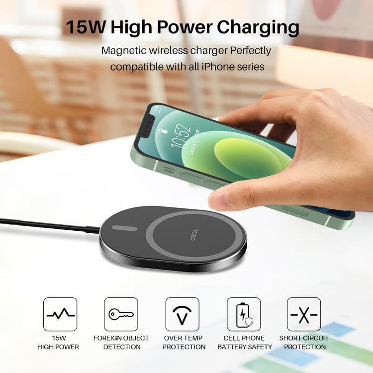 TOZO W10 Magnets Wireless Charger & USB C Charger Aviation Aluminum Computer Numerical Control Technology Fast Charging Compatible for Iphone Series Black Cellphone Smartphone Electronic Mobile Cellphone Smartphone Magnetic
