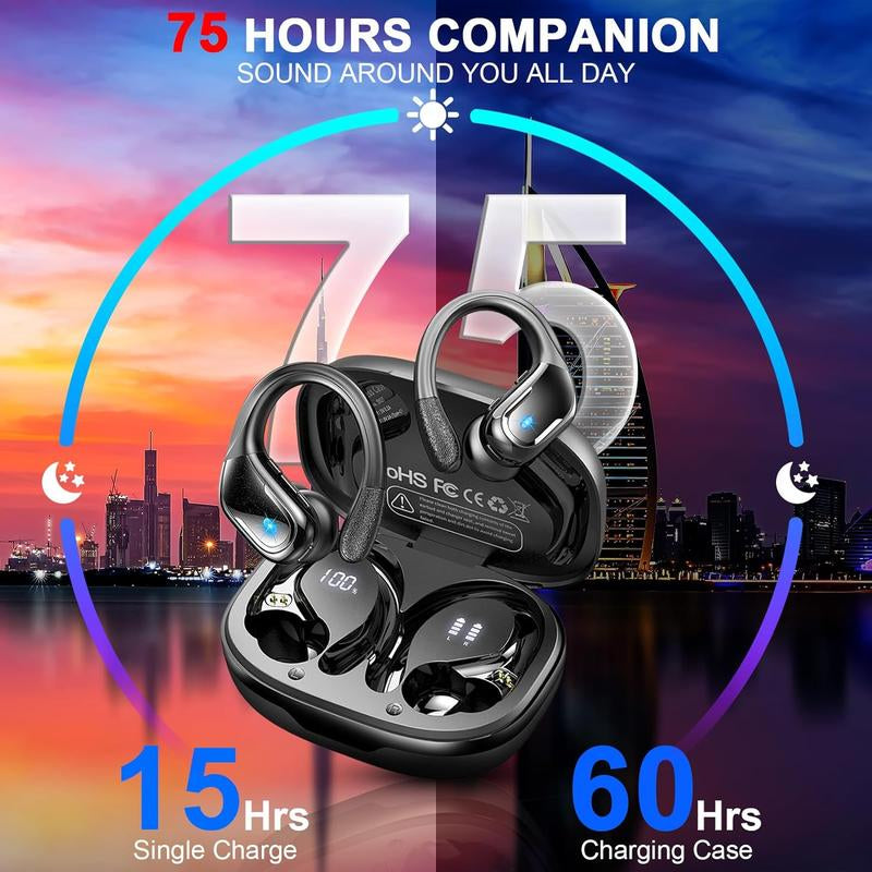 Ark Ecart Wireless Earbud, Bluetooth 5.3 Headphones Pure Bass Sound with Earhooks, 75H Battery Over-Ear Headphones, Audio Earphones Headset