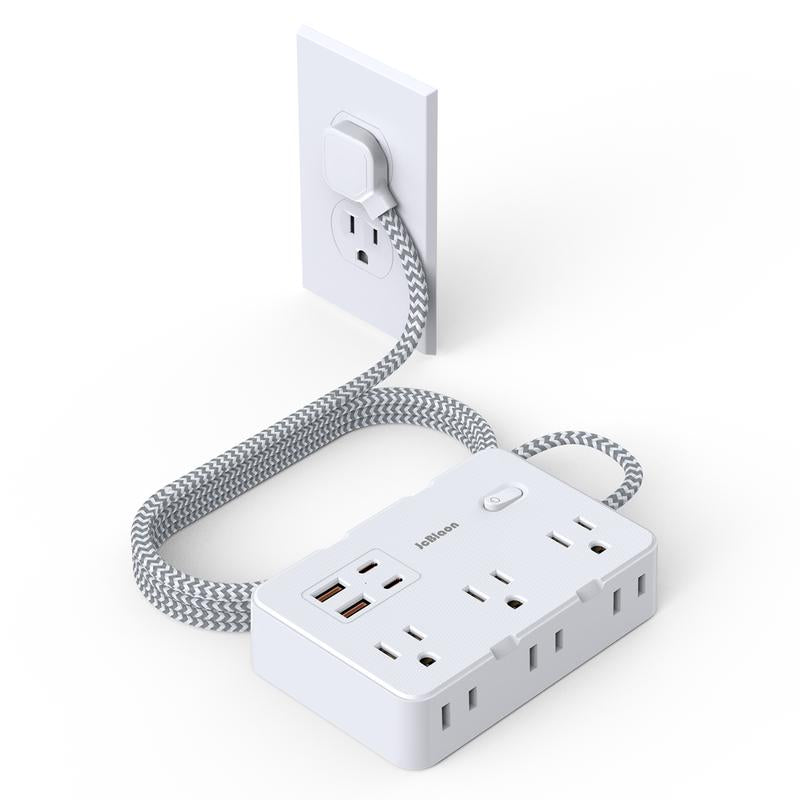 10Ft Flat Plug Extender, 6 Outlets + 4 USB (2 USB-C), Wall Mount. Perfect for Office, Travel & Dorm, Compact & Powerful