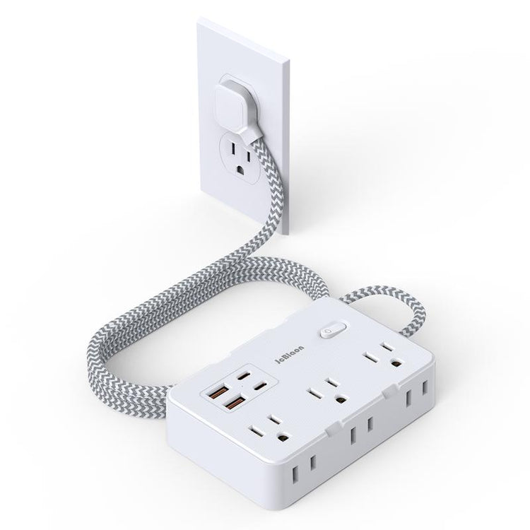 10Ft Flat Plug Extender, 6 Outlets + 4 USB (2 USB-C), Wall Mount. Perfect for Office, Travel & Dorm, Compact & Powerful