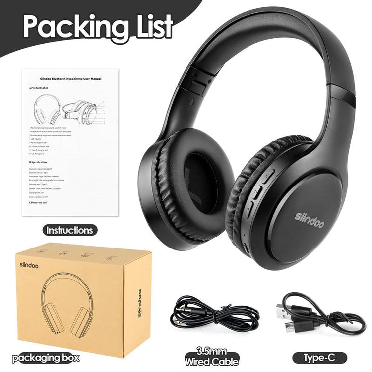 Siindoo Bluetooth Wireless Headphones Over Ear with Mic – HiFi Stereo Deep Bass Foldable Headset for Music, Gaming & Travel