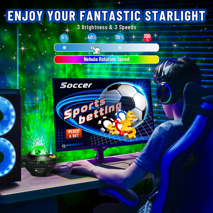 Person enjoying the Bluetooth Galaxy Projector while gaming, with nebula effects and adjustable brightness settings.